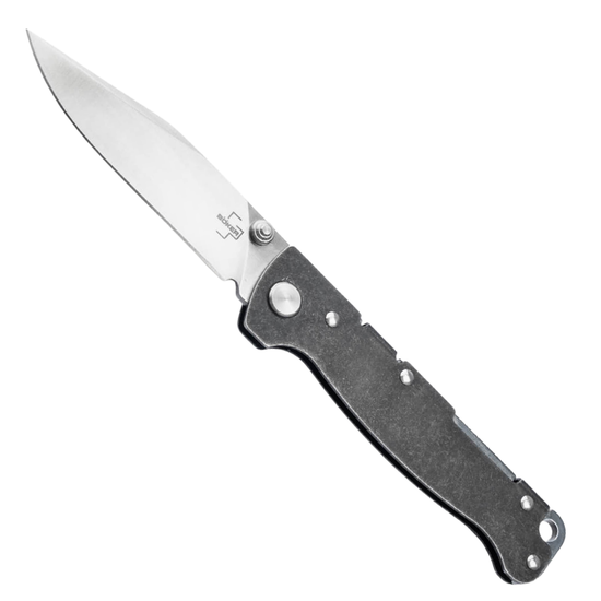 Boker Plus Black Stonewash Atlas Backlock Knife, Satin Clip Point TS Blade