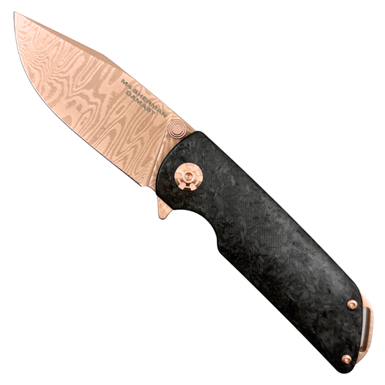 Boker M4 Sherman Damast Carbon Fiber Flipper Knife, Rose Gold Damascus Clip Point Blade