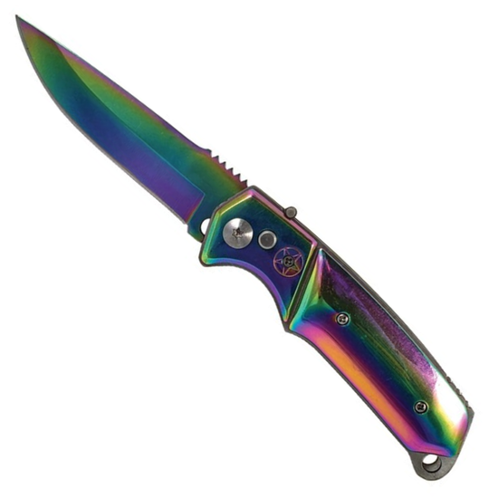 Rounded Tinite Rainbow Auto Knife, Tinite Rainbow Drop Point Blade