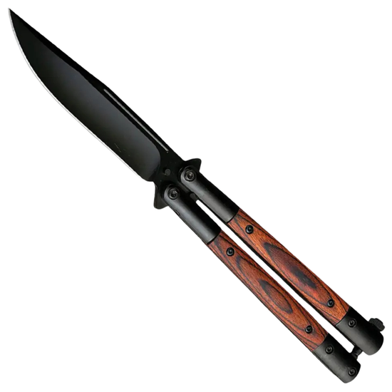 Heritage Flip Classic Wood Inlay Butterfly Knife, Black Drop Point Blade