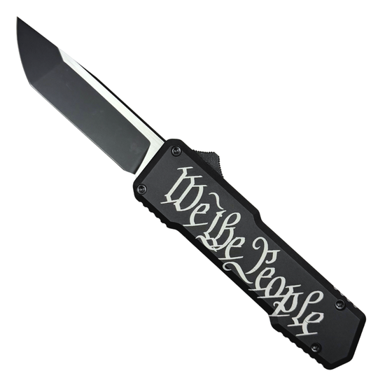 SOS Knives "We The People" Black OTF Knife, Distressed Black Tanto Blade