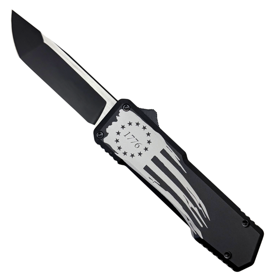 SOS Knives Betsy Ross Black OTF Knife, Distressed Black Tanto Blade