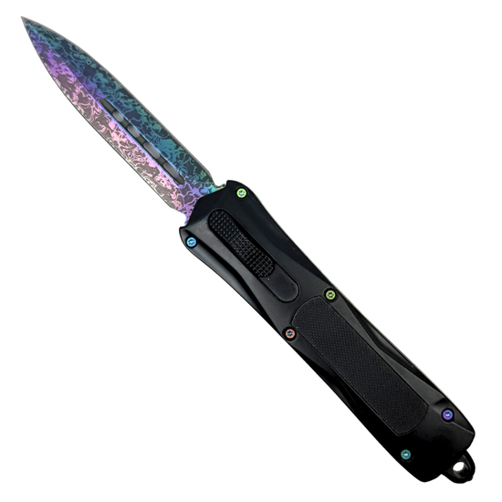 Prism Surge Front Switch OTF Auto Knife, Rainbow Damascus Etch Blade