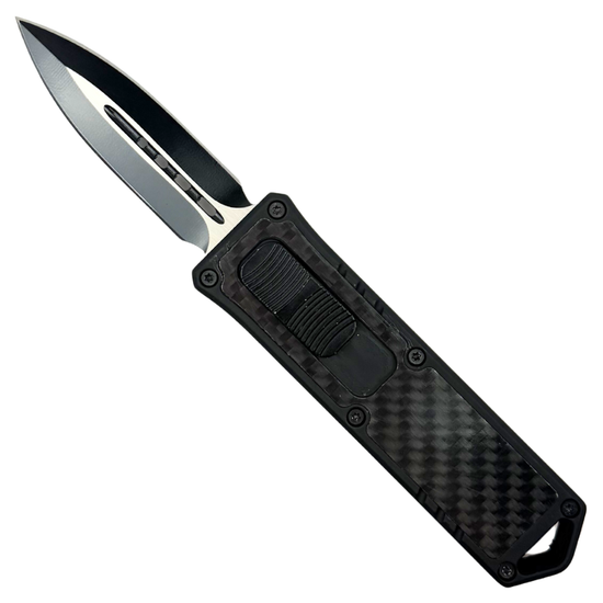 Compact Commando Stubby Black Carbon Fiber OTF Auto Knife, Black and Satin Dagger Blade