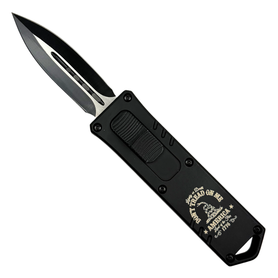 Gadsden Compact Commando Stubby OTF Auto Knife, Black and Satin Dagger Blade
