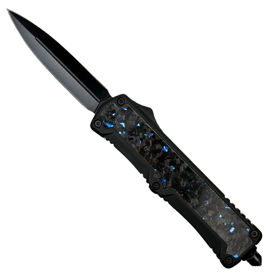 Forged Current Blue Marbled Carbon Fiber Inlay OTF Knife, Black Dagger Blade