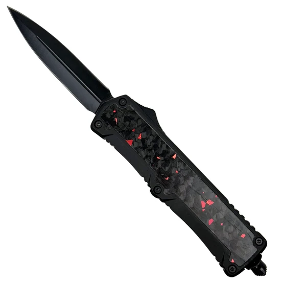 Forged Ember Red Marbled Carbon Fiber Inlay OTF Knife, Black Dagger Blade