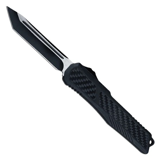 Stealth Guardian Black Aluminum Carbon Fiber Inlay OTF Auto Knife, Black Tanto Blade