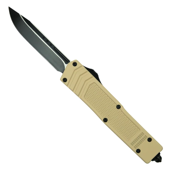 Strike Response Desert Tan Zinc Alloy OTF Auto Knife, Black Clip Point Blade