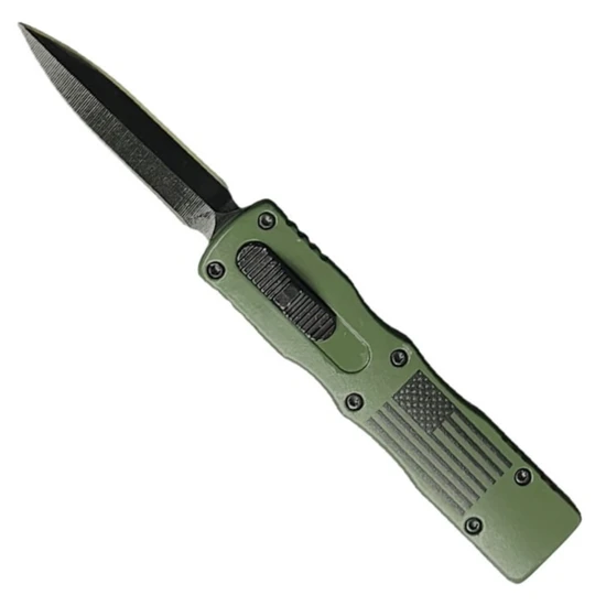 Flagborne Green USA Mini Front Switch OTF Knife, Black Dagger Blade