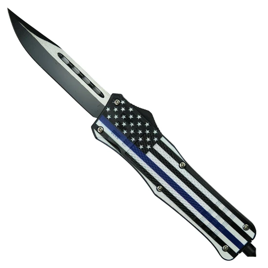 Prime Black ABS Thin Blue Line OTF Auto Knife, Black Clip Point Blade