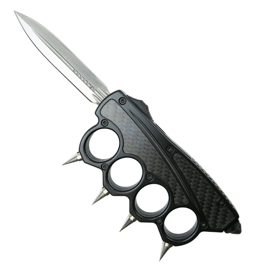 Carbon Veil Knuckle-Guard OTF Auto Knife, Satin Dagger Blade