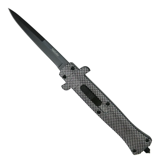 Carbon Weave Stiletto OTF Auto Knife, Black Dagger Blade