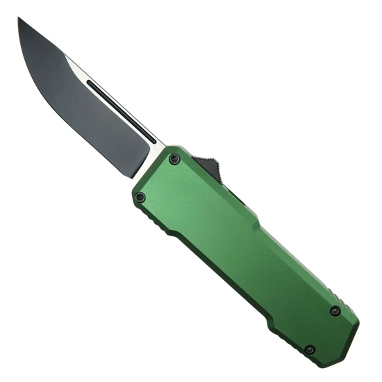 SOS Knives OD Green OTF Knife, Distressed Black Drop Point Blade