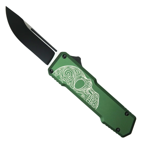 SOS Knives Sugar Skull OD Green OTF Knife, Distressed Black Drop Point Blade