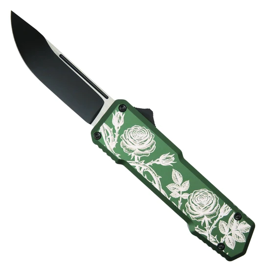 SOS Knives Rosebush OD Green OTF Knife, Distressed Black Drop Point Blade