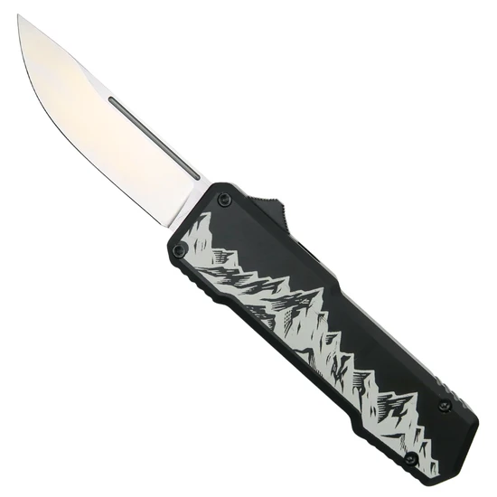 SOS Knives Mountain Majesty Black OTF Knife, Satin Drop Point Blade