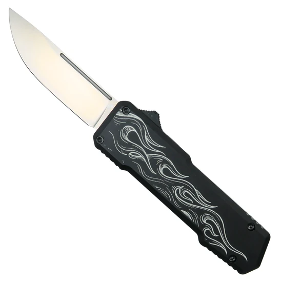 SOS Knives Fired Up Black OTF Knife, Satin Drop Point Blade