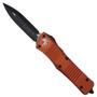 Microtech Orange Combat Troodon OTF Knife, Black Dual Edge Blade FRONT VIEW