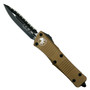 Microtech 138-3TA Tan Troodon D/E OTF Auto Knife, Full Serrated Black Blade Open