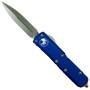 Microtech Blue UTX-85 Dagger OTF Auto Knife, Apocalyptic Stonewash Blade Front View, Open