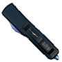 Microtech UTX-85 Dagger OTF Auto Knife, Blue Hardware, Damascus Blade Clip Side View