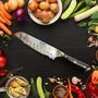 Mikarto Knife Ware 7" Professional Grade Japanese Santoku Chef Knife, Food View