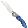 Kansept Knives Cosmos Titanium Blue Timascus Lock Flipper Knife, Stonewash Wharncliffe Blade