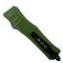 Army Green OTF Knife, Black Dagger Blade, Clip View