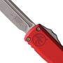 Microtech Gen IV Red Ultratech OTF Auto Knife, Apocalyptic Finish Tanto Blade, Close Up