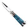 Blue Pearlized Insert Butterfly Knife, Mirror Polished Drop Point Blade