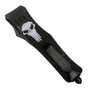 Punisher Skull Black Large OTF Auto Knife, Black Tanto Blade, Clip View