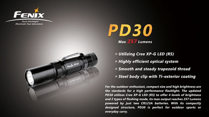 Fenix PD30 R5 Black LED Flashlight, 257 Lumens