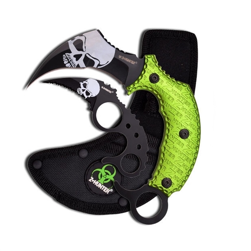 Z-Hunter Karambit Fixed Knife, 2 Piece Combo, Black/Green w/ Skull