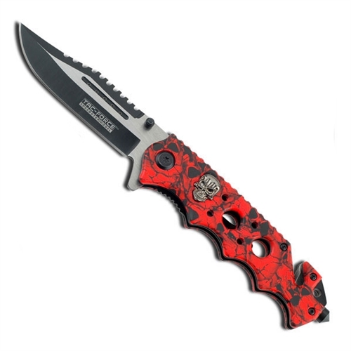 TAC-FORCE Red Skull Camo Spring Assist Knife w/ Skull Medallion