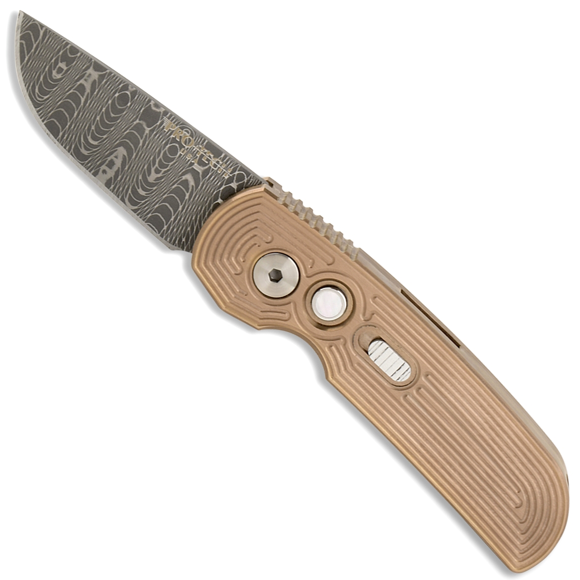 Pro-Tech Custom Rose Gold Tron Calmigo Steel Auto Knife, Damascus