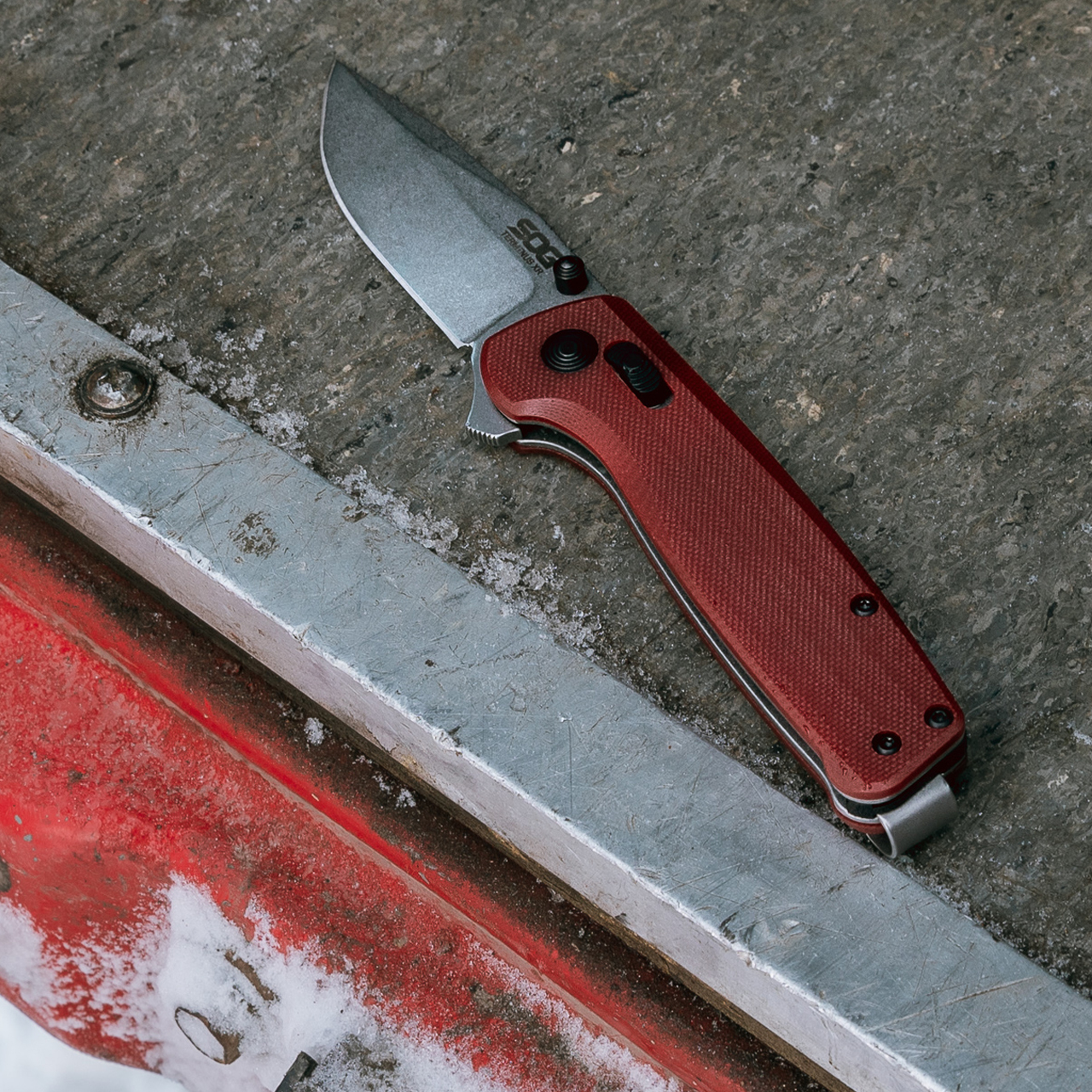 SOG Terminus Crimson XR Flipper Knife, Stonewash D2 Blade | BladeOps