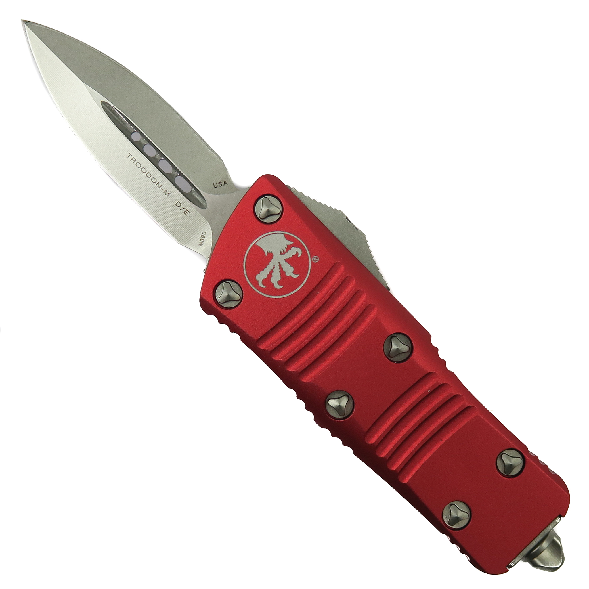 Microtech Red Mini Troodon CA Legal OTF Auto Knife, Dagger Stonewash Blade