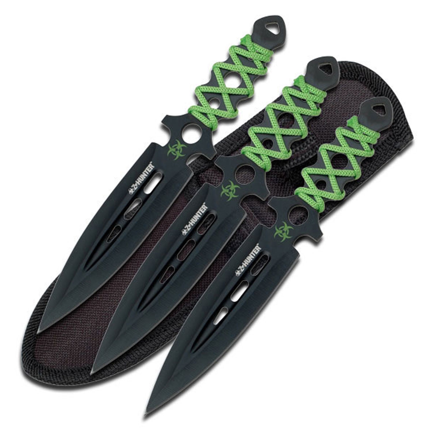 Z Hunter Black Green Cord Throwing Knife, Set of 3 | BladeOps