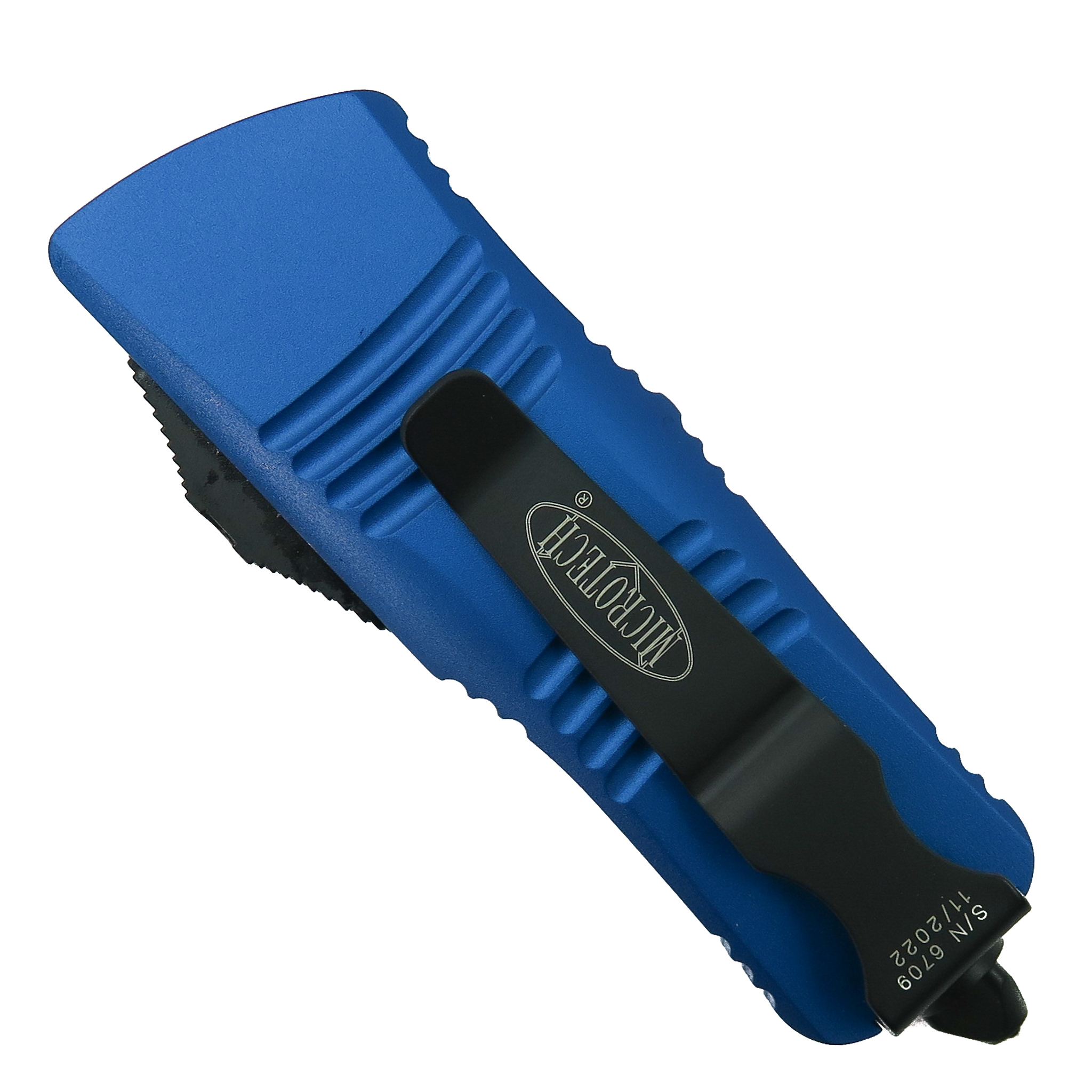 Microtech Blue Mini Troodon CA Legal OTF Auto Knife, Black Tanto Blade