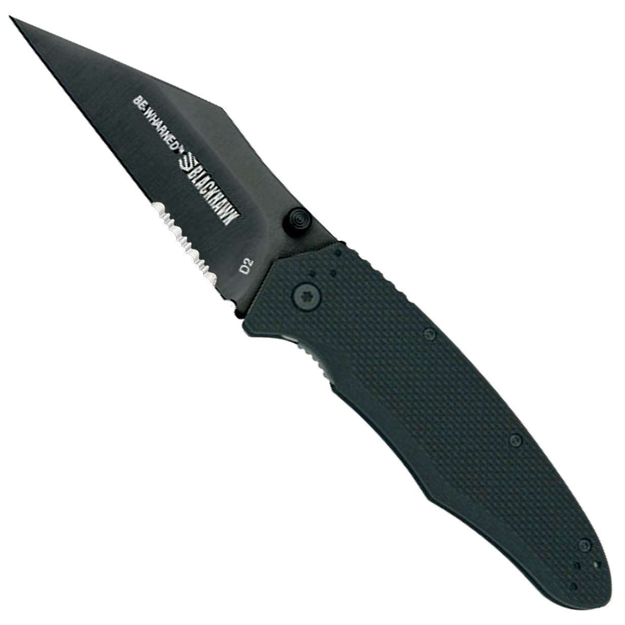 Blackhawk Be Wharned Assist Knife, Black D2 Combo Wharncliffe
