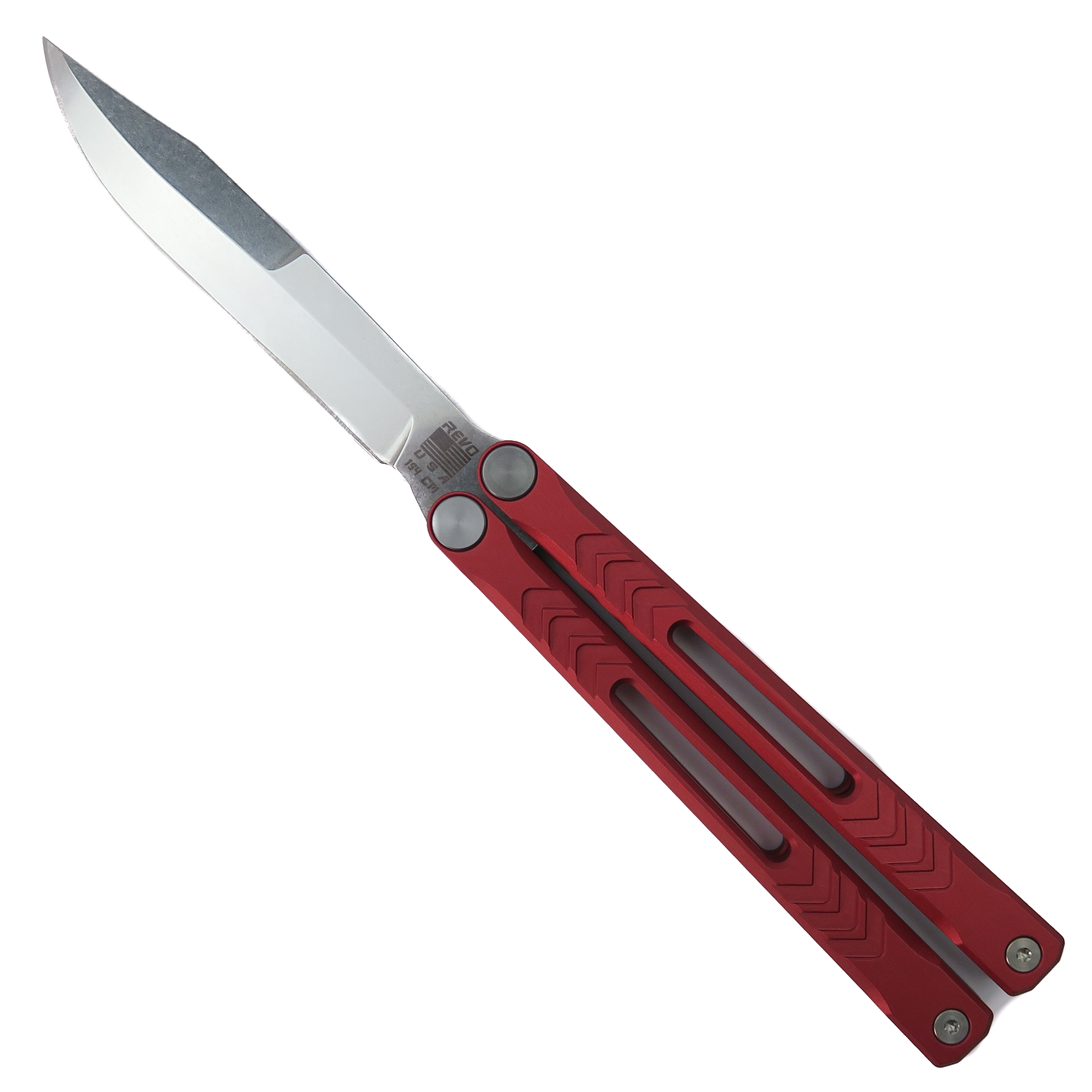 REVO Red Nexus Butterfly Knife, Stonewash Blade | BladeOps