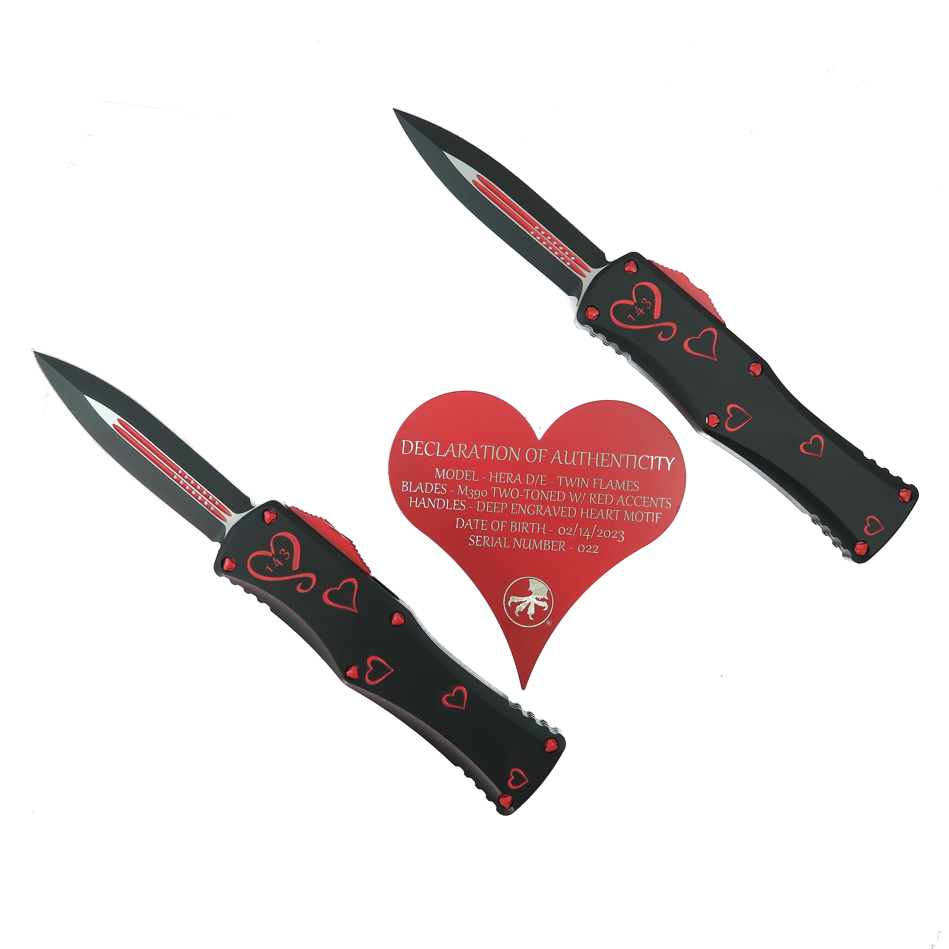 Microtech Signature Series Twin Flames Hera OTF Knife Set, Heart