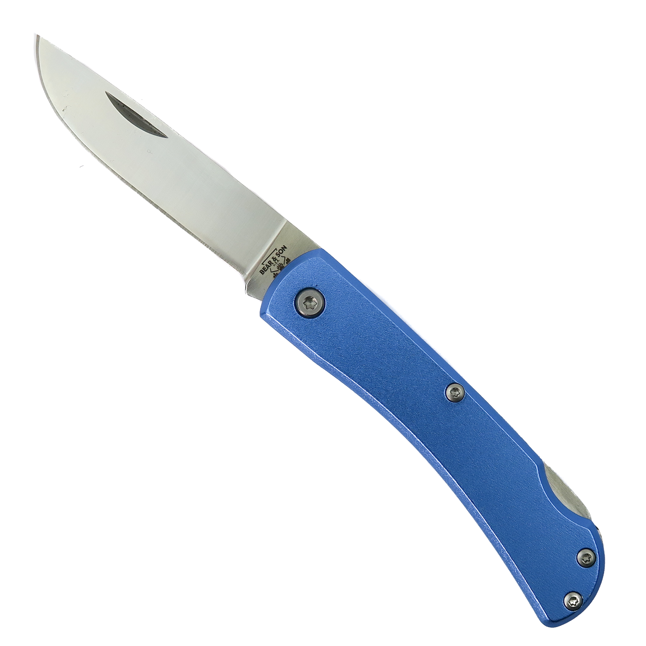 Bear & Son Blue Aluminum Locking Farmhand Knife, Drop Point Blade