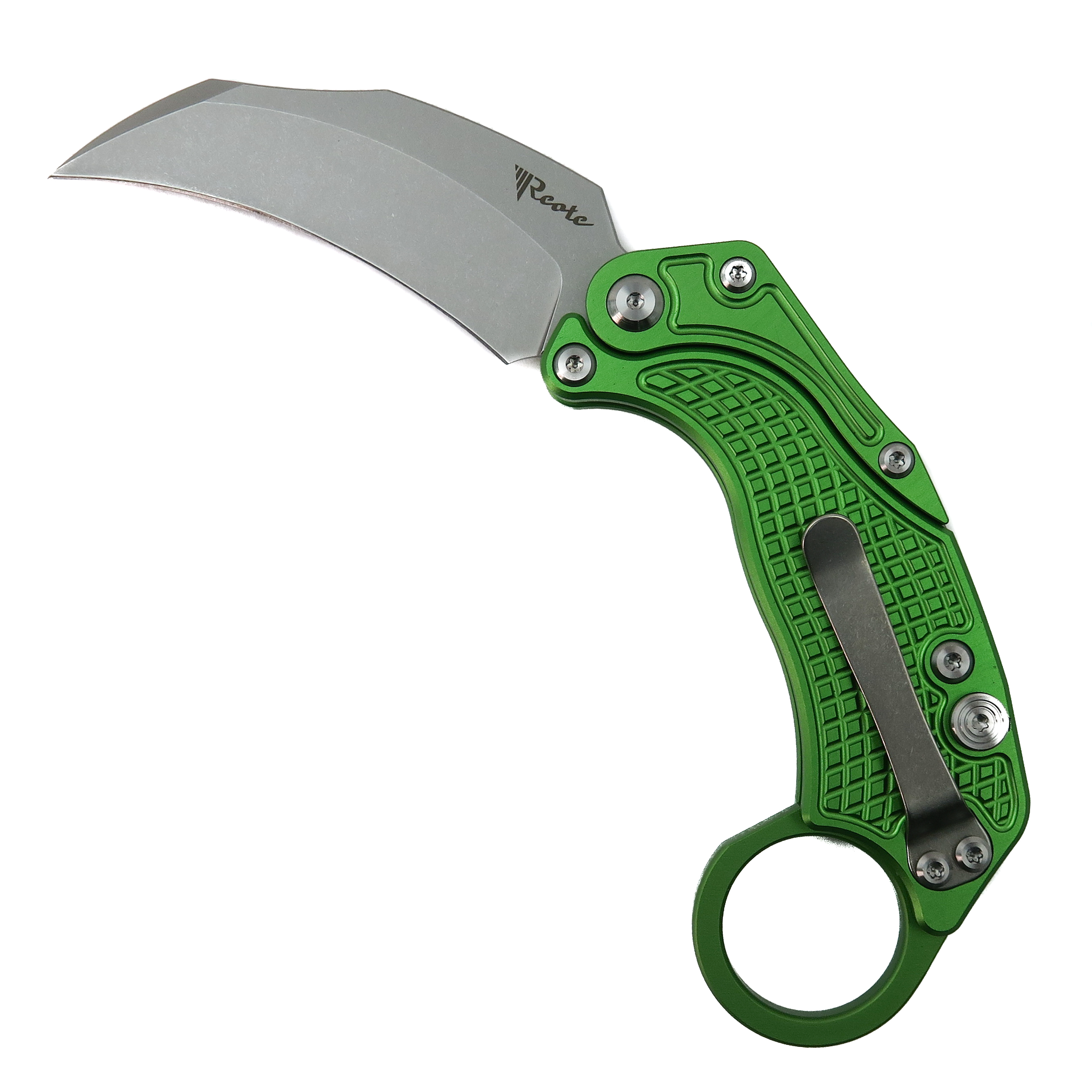 Reate Green EXO K Gravity Knife, Stonewash Hawkbill Blade | BladeOps