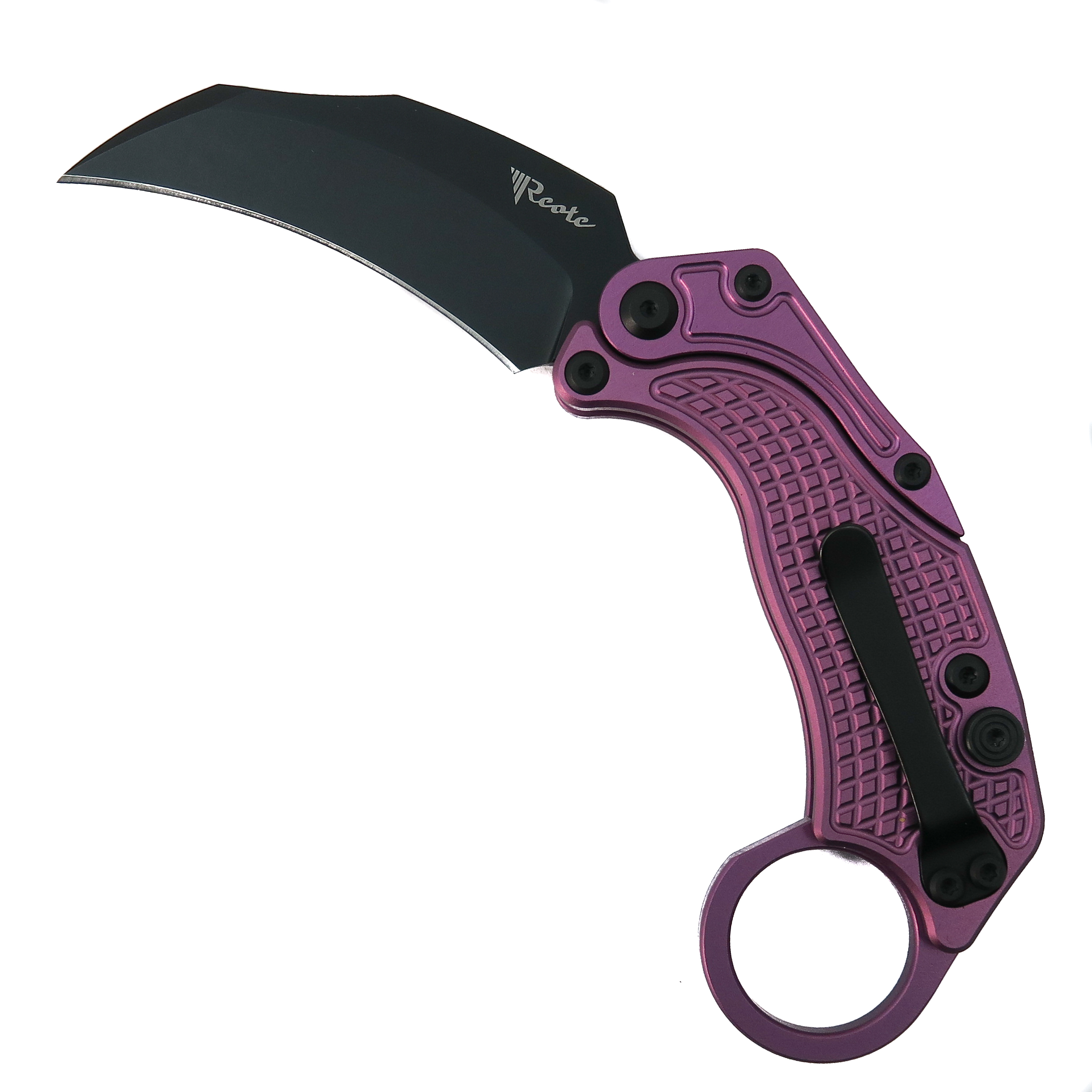 Reate Purple EXO K Gravity Knife, Black PVD Hawkbill Blade | BladeOps