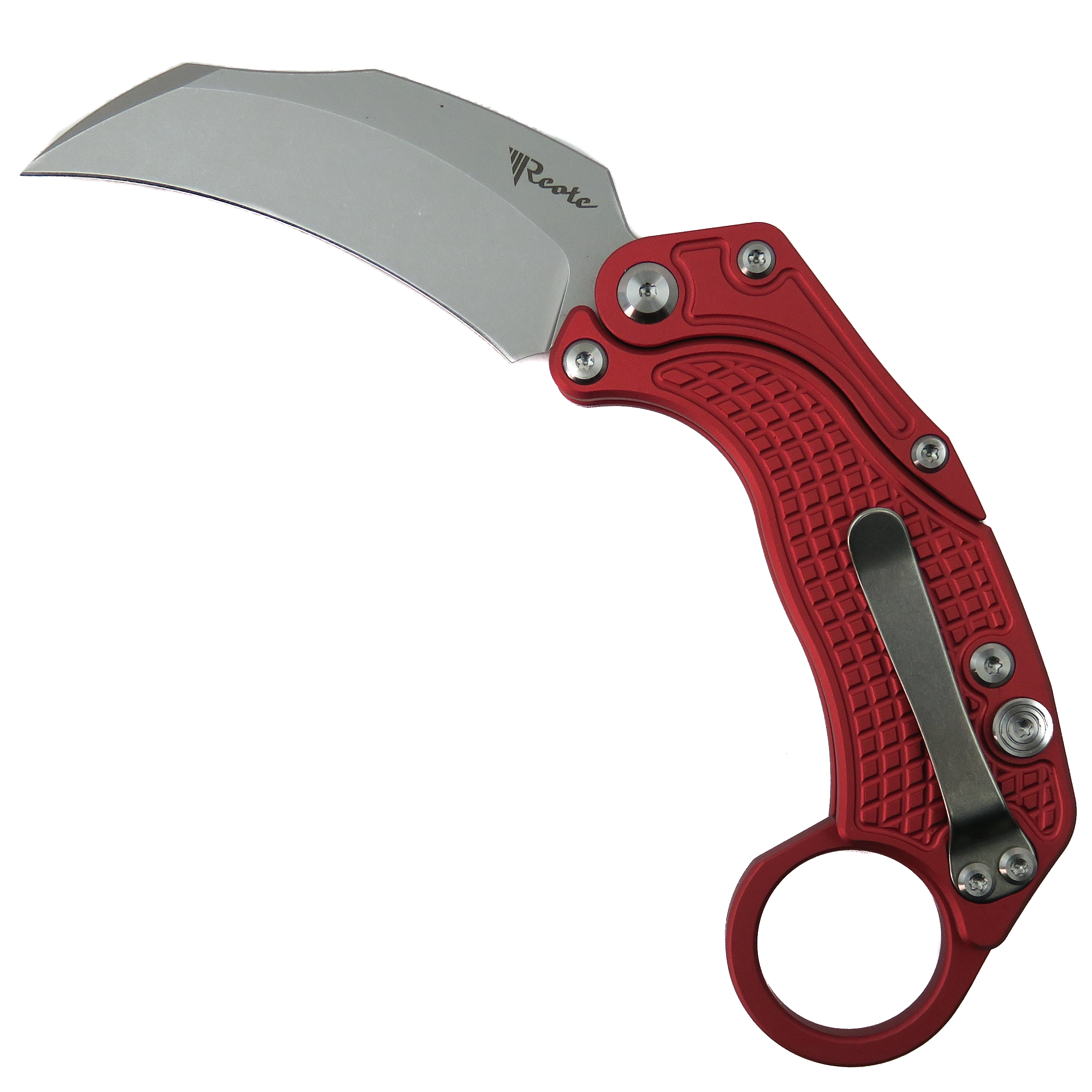 Reate Red EXO K Gravity Knife, Stonewash Hawkbill Blade | BladeOps