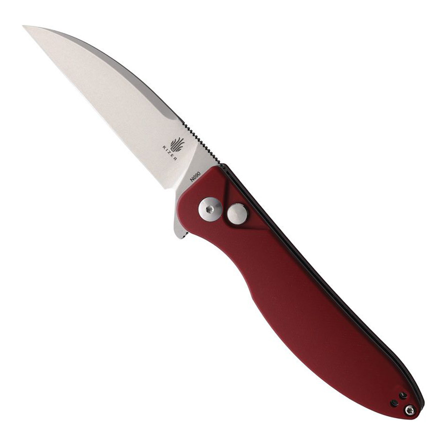 Kizer Sway Back Red Micarta Button Lock Folding Knife, Stonewash