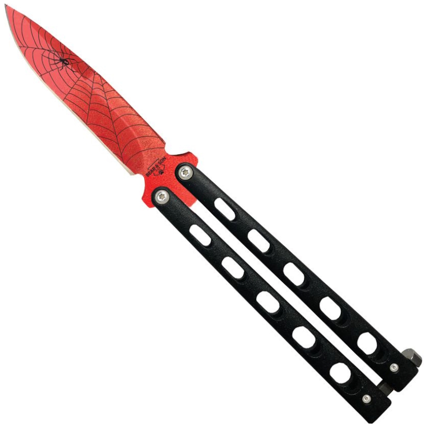 Bear & Son Red Widow Butterfly Knife, Drop Point Blade | BladeOps