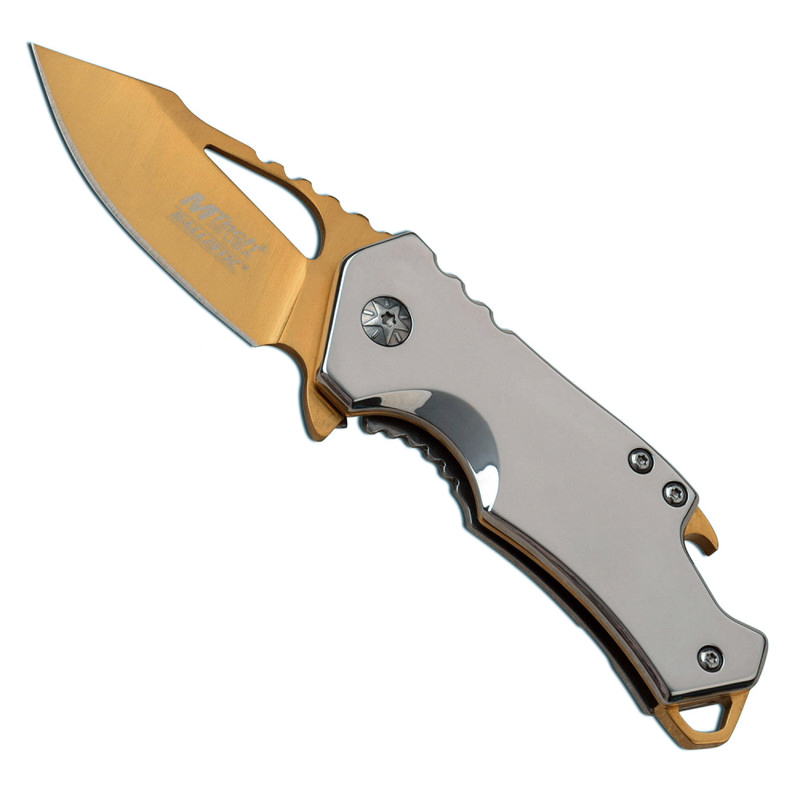 No.2　低血(低血ボルト)　ゴールド No.8　メイドにらと執事にら　ゴールド MTech USA Gold Stainless Steel Spring Assisted Knife | BladeOps